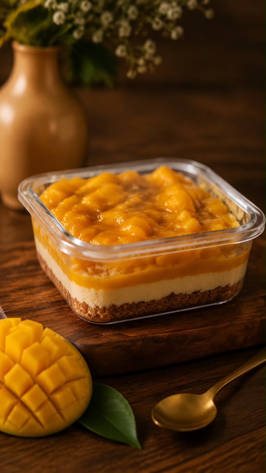 Caramelised Mango Biscoff Cheesecake — three visible layers