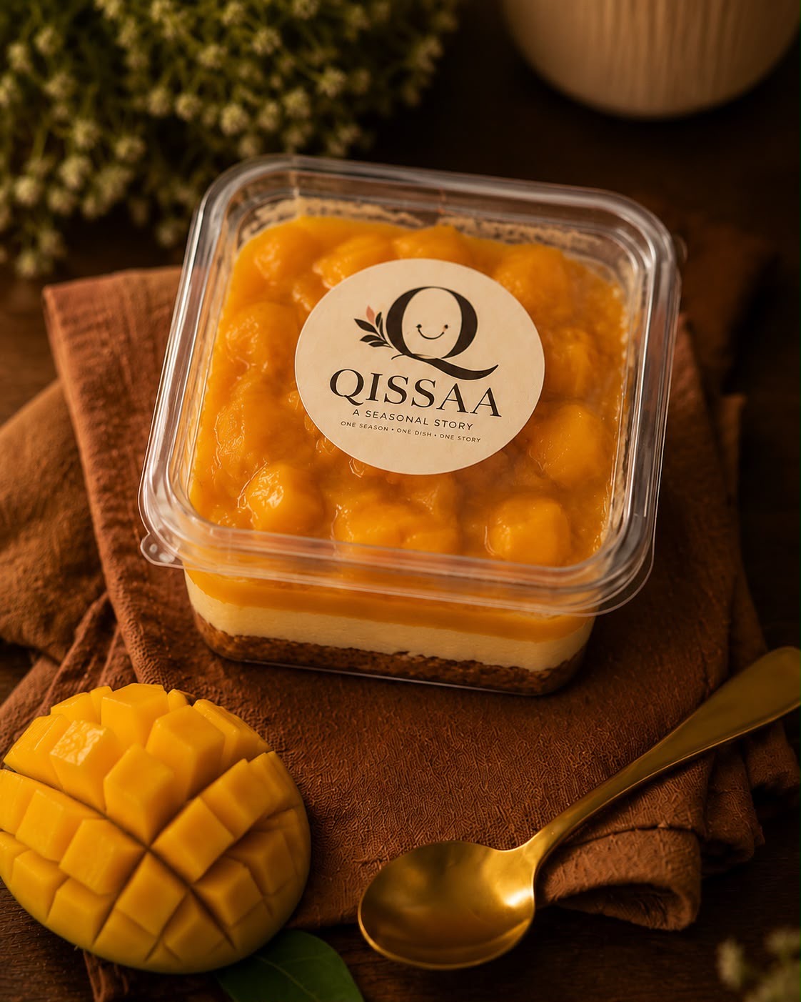 Qissaa Caramelised Mango Biscoff Cheesecake — sealed box with brand sticker
