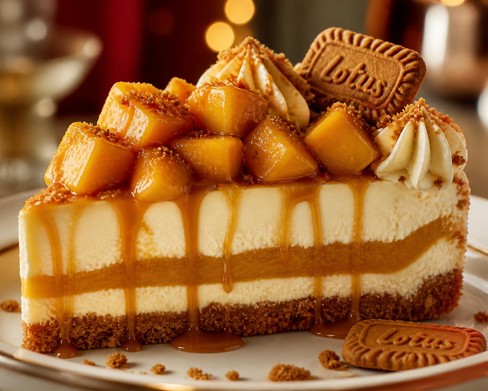 Caramelised Mango Biscoff Cheesecake — layered slice with mango caramel drips