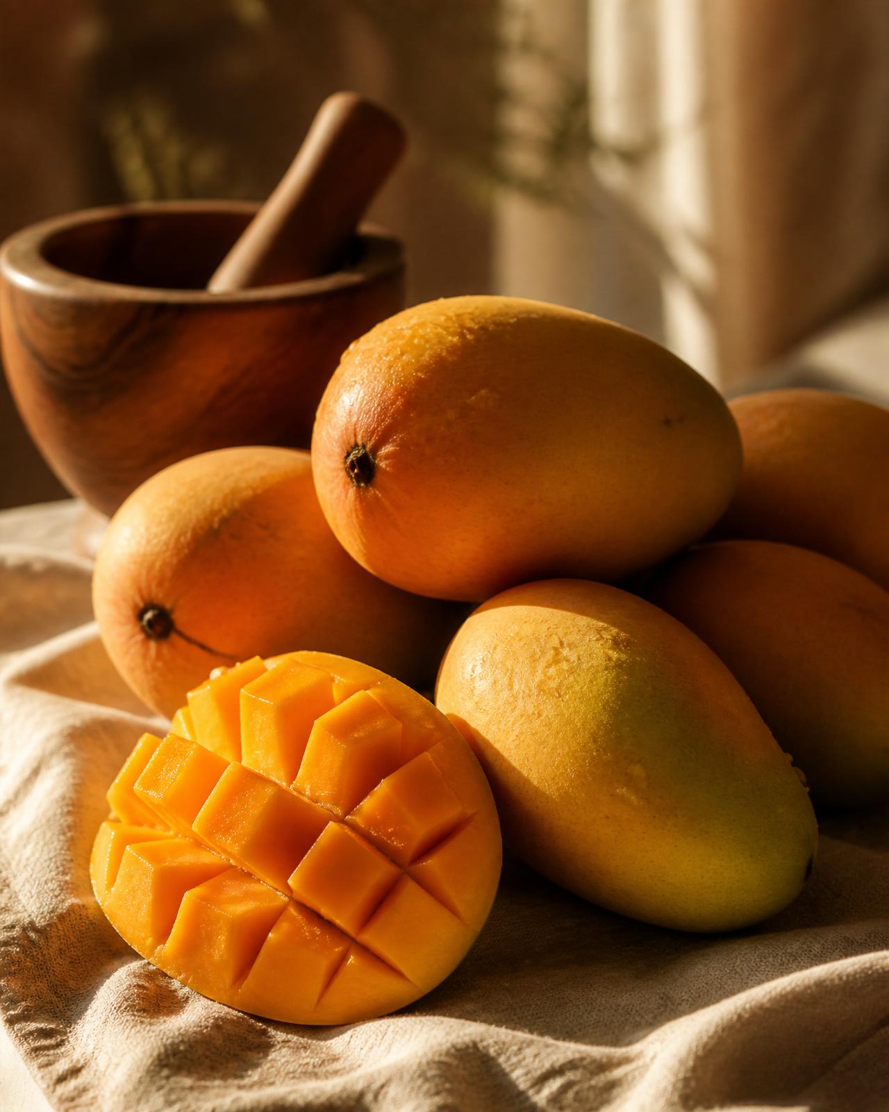 Fresh Alphonso mangoes in warm golden-hour light